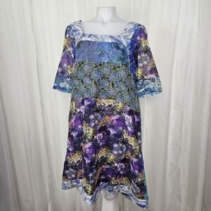 Koos Cotton Square Neck Floral Multicolor Patchwork Multipattern Dress Medium